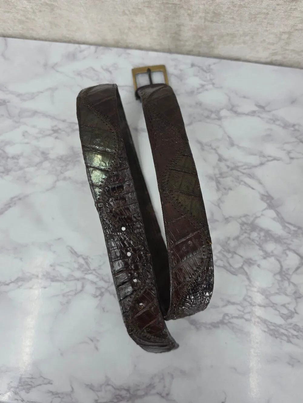 Caiman Dark Brown Leather Belt with Brass Buckle Vintage Alligator